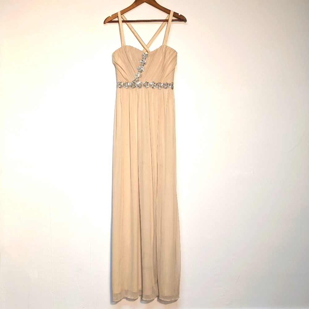 City Triangle Beige Shoulder Strapped Gown w/ Pleated Chest & Side Slit, 7 - Picture 1 of 12